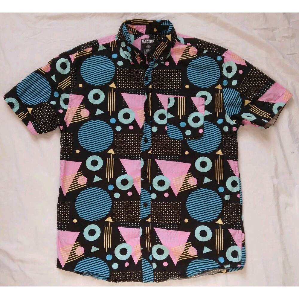 Massive Shirt Short Sleeve Button Up Colorful Geometric Retro Mens Medium